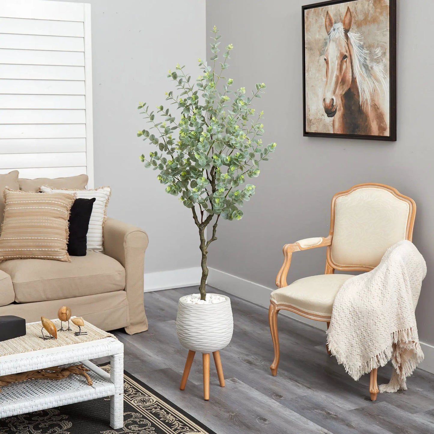 Eucalyptus artificial tree in white planter on wooden stand Nearly Natural on Tampa Home & Garden Store
