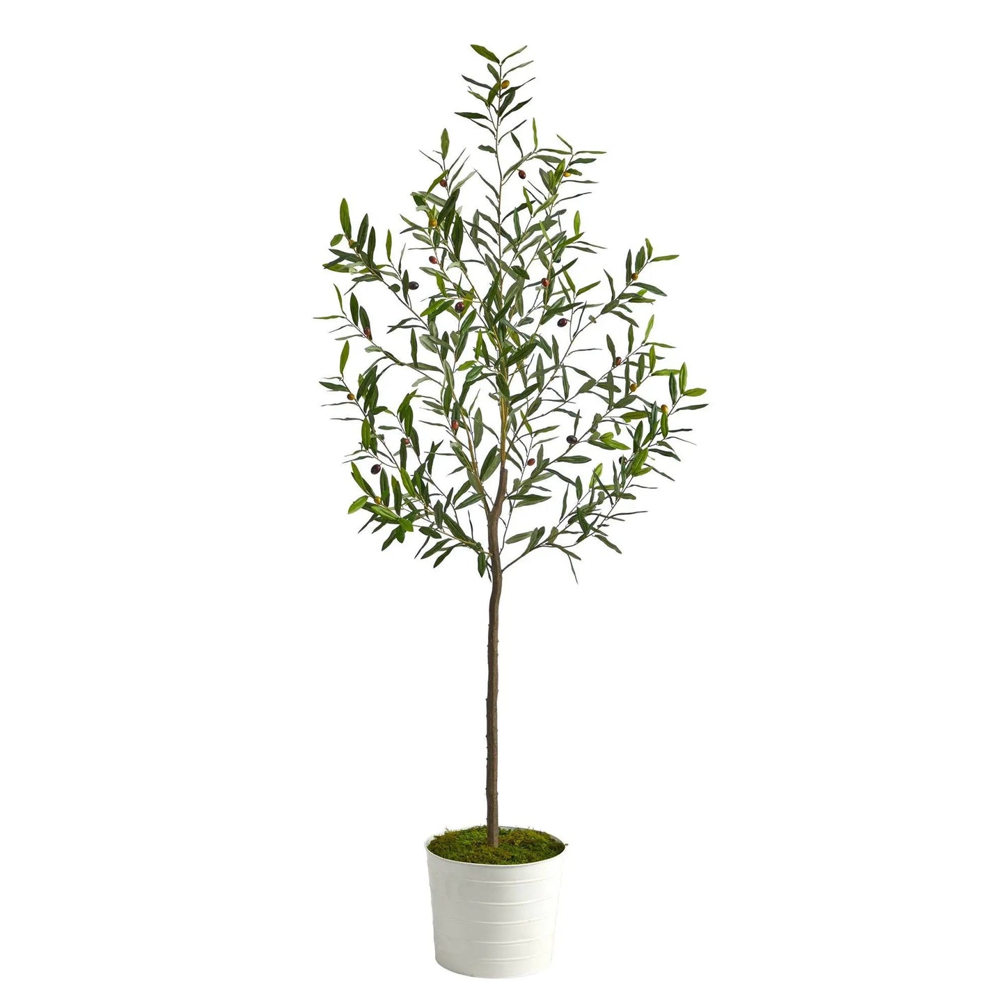 Olive Artificial Tree in White Tin Planter by Nearly Natural with green leaves and olives on Tampa Home & Garden Store