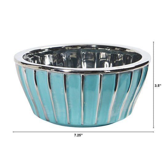 Turquoise vase with silver burnishing, Nearly Natural mosaic ceramic design, 7.25in wide on Tampa Home & Garden Store