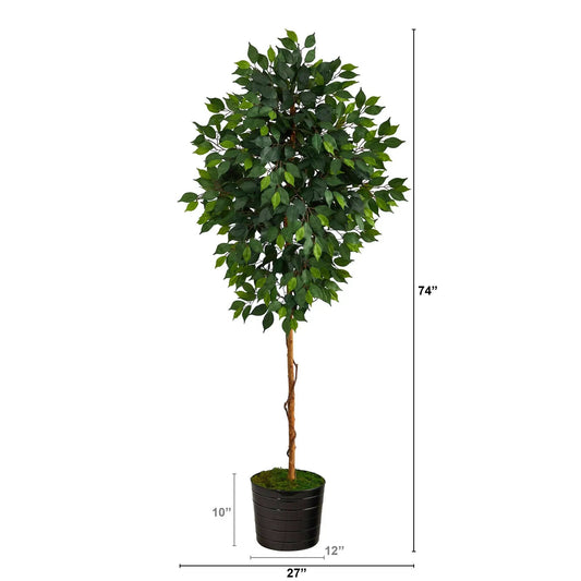 Ficus Artificial Tree in black tin planter, Nearly Natural, 74in tall with lush green leaves on Tampa Home & Garden Store