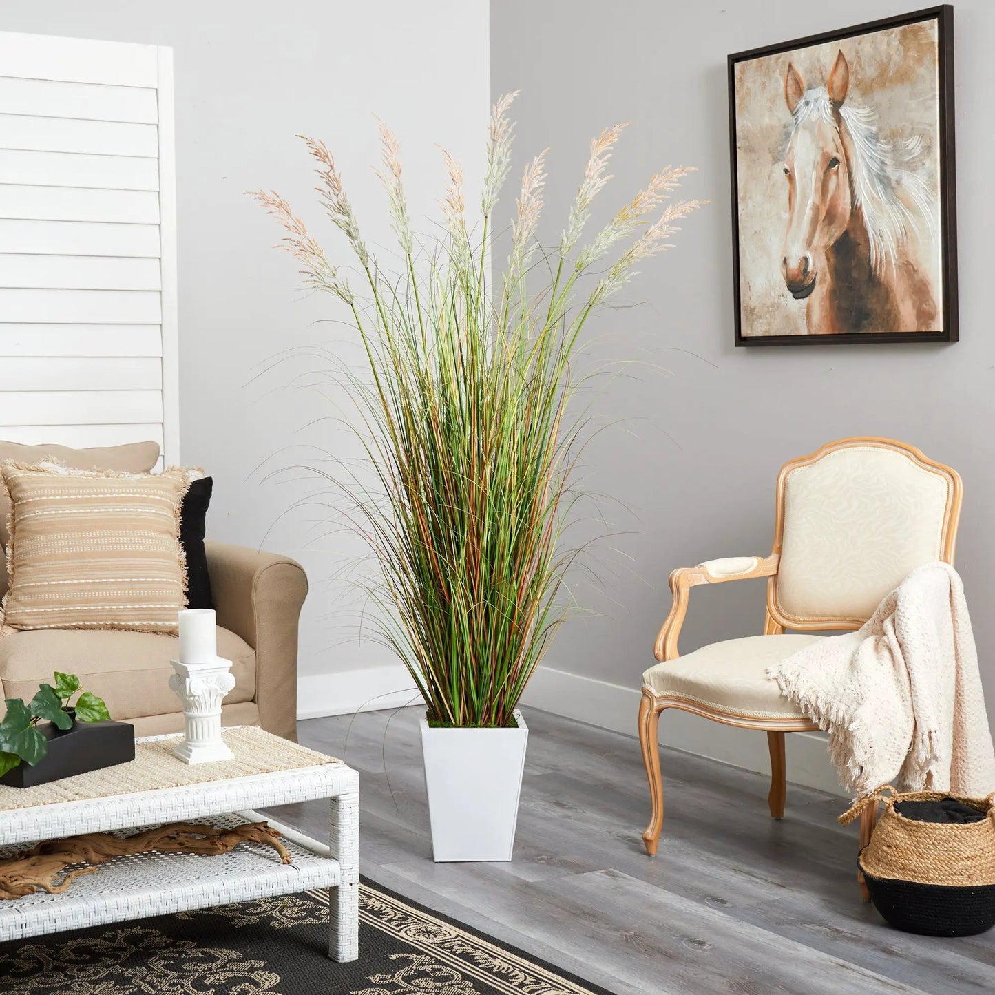 Grass Artificial Plant in White Metal Planter by Nearly Natural with tall green blades on Tampa Home & Garden Store