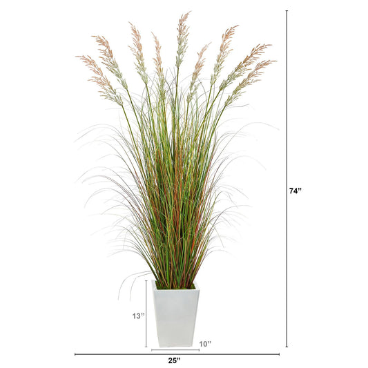 74” Grass Artificial Plant in White Metal Planter - Tampa Home & Garden Store
