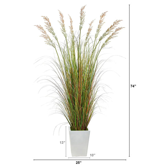 Grass Artificial Plant in White Metal Planter by Nearly Natural, 74in tall with green blades on Tampa Home & Garden Store