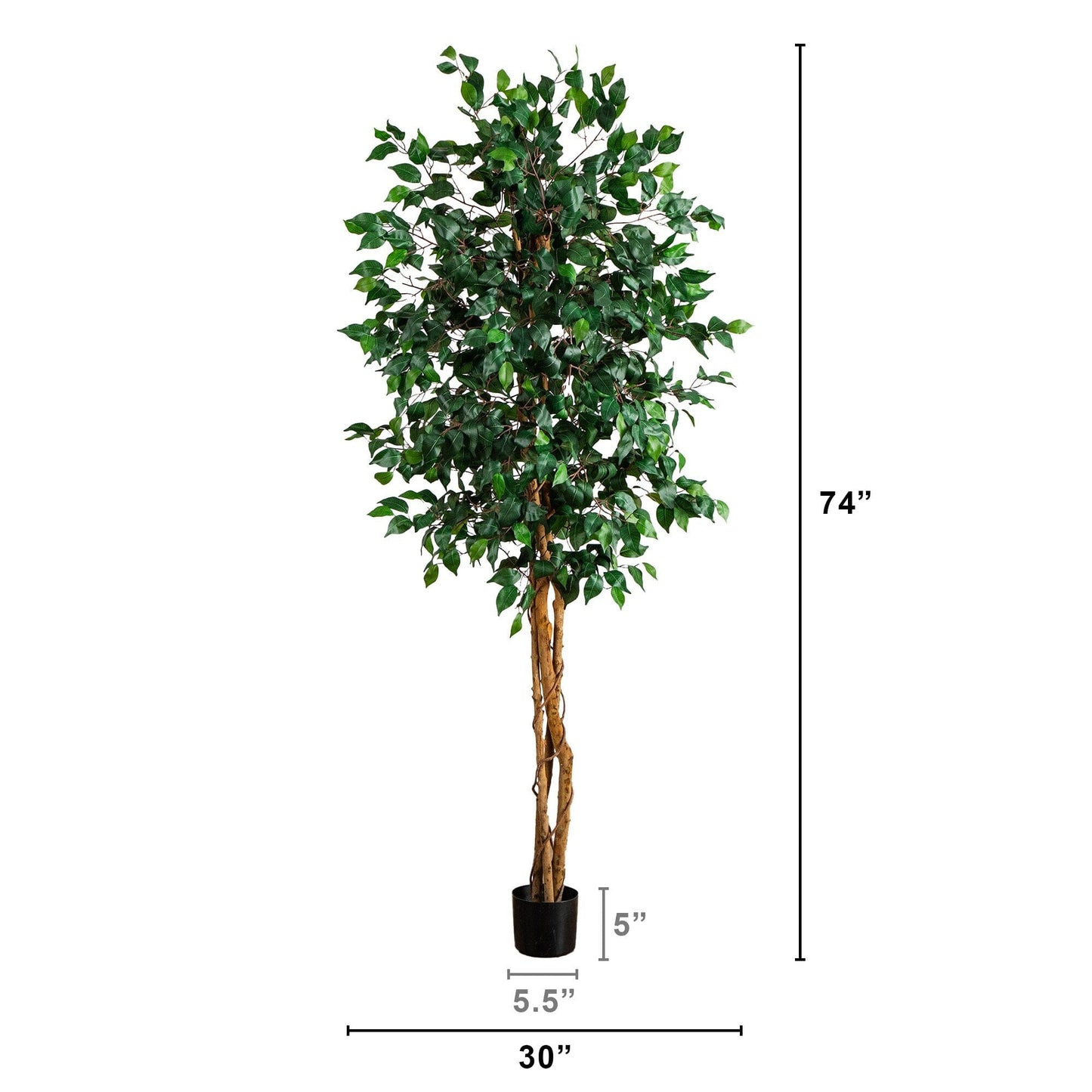 74in Nearly Natural artificial triple-trunk ficus tree with natural trunk, green leaves in pot on Tampa Home & Garden Store