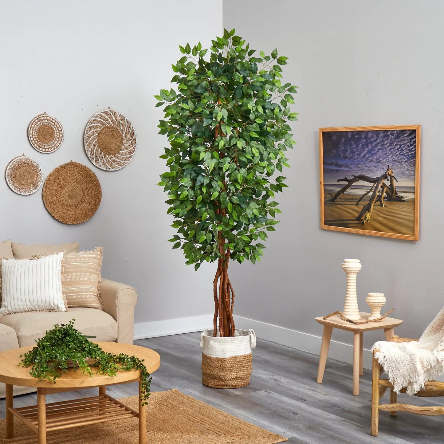Deluxe Ficus artificial tree in a jute basket with lush green leaves Nearly Natural on Tampa Home & Garden Store