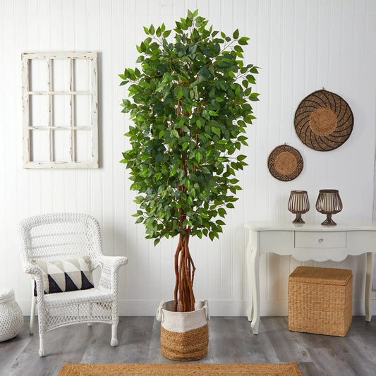 Deluxe Ficus artificial tree in a handmade jute basket with lush green leaves for indoor decor on Tampa Home & Garden Store