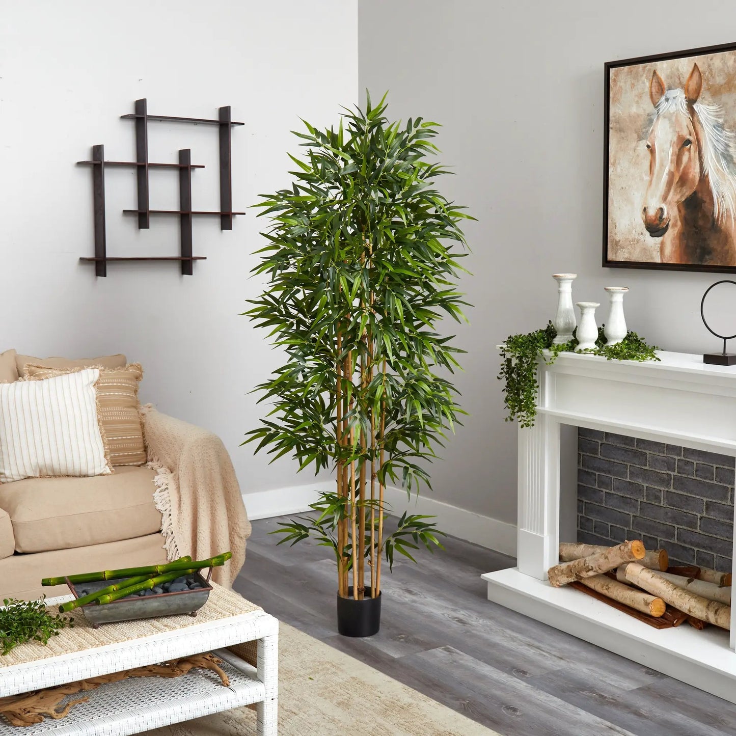 Nearly Natural 75 Inch Bamboo Silk Tree with Seven Trunks, lush green leaves in a black pot on Tampa Home & Garden Store