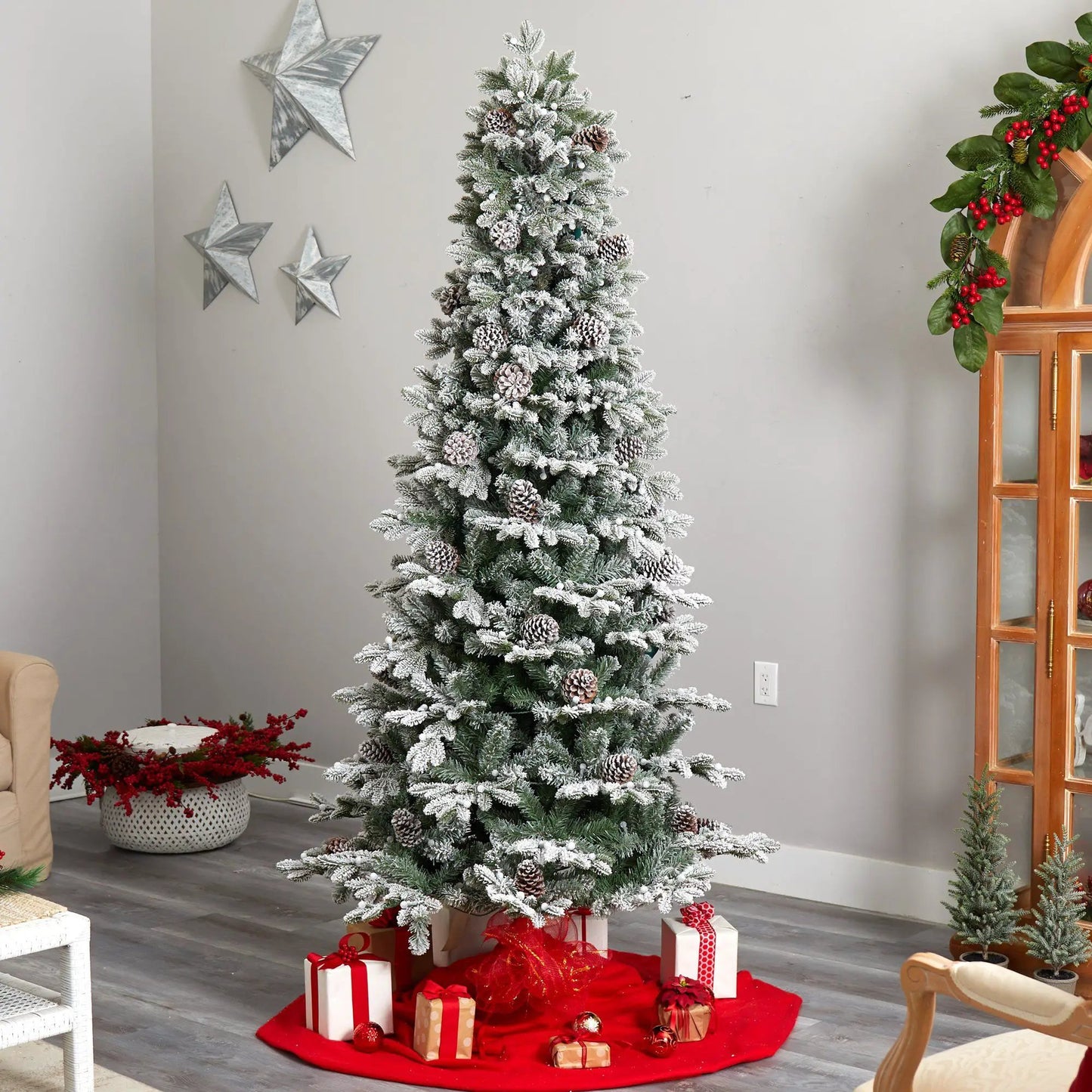 7.5 ft Nearly Natural flocked Alaskan pre-lit Christmas tree with pinecones and 350 LEDs on Tampa Home & Garden Store