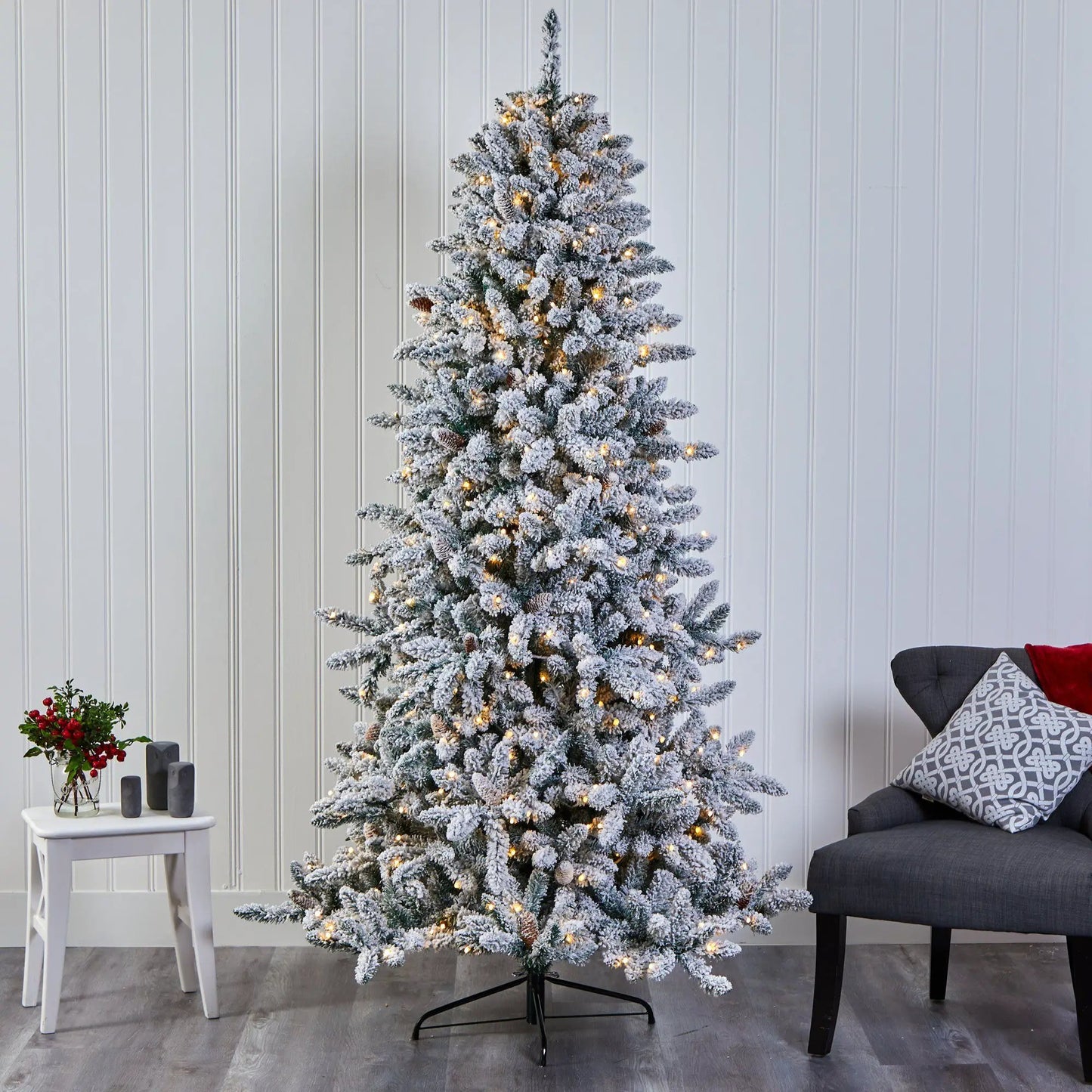 7.5ft Nearly Natural flocked Livingston Fir Christmas Tree with pine cones and warm LED lights on Tampa Home & Garden Store