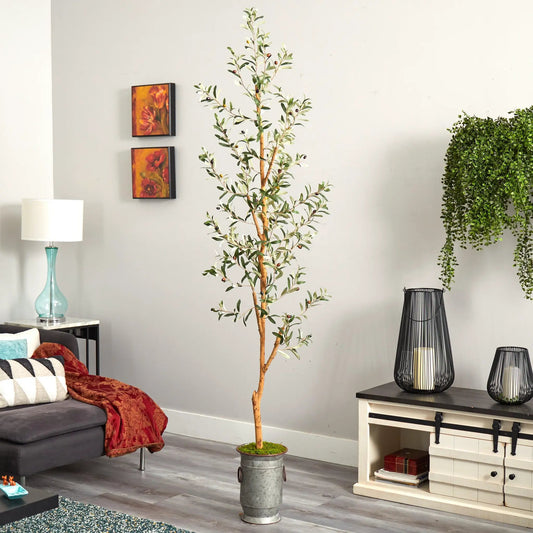 Olive artificial tree in decorative planter, two plants, Nearly Natural, 7.5 ft tall on Tampa Home & Garden Store