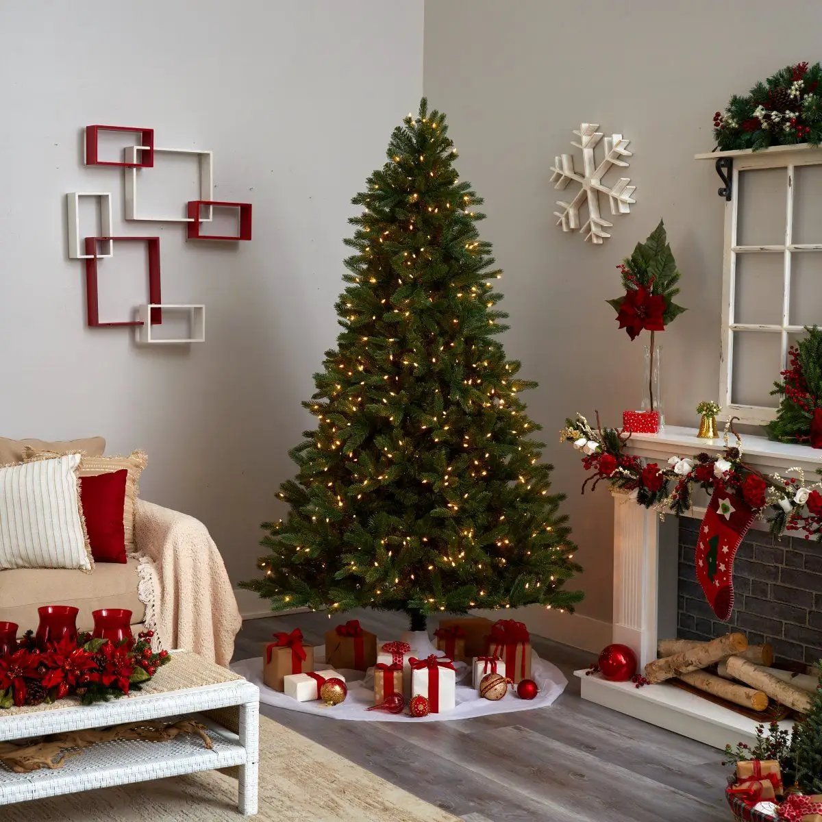 7.5 ft Rembrandt Christmas Tree with Clear Lights by Nearly Natural in a living room on Tampa Home & Garden Store