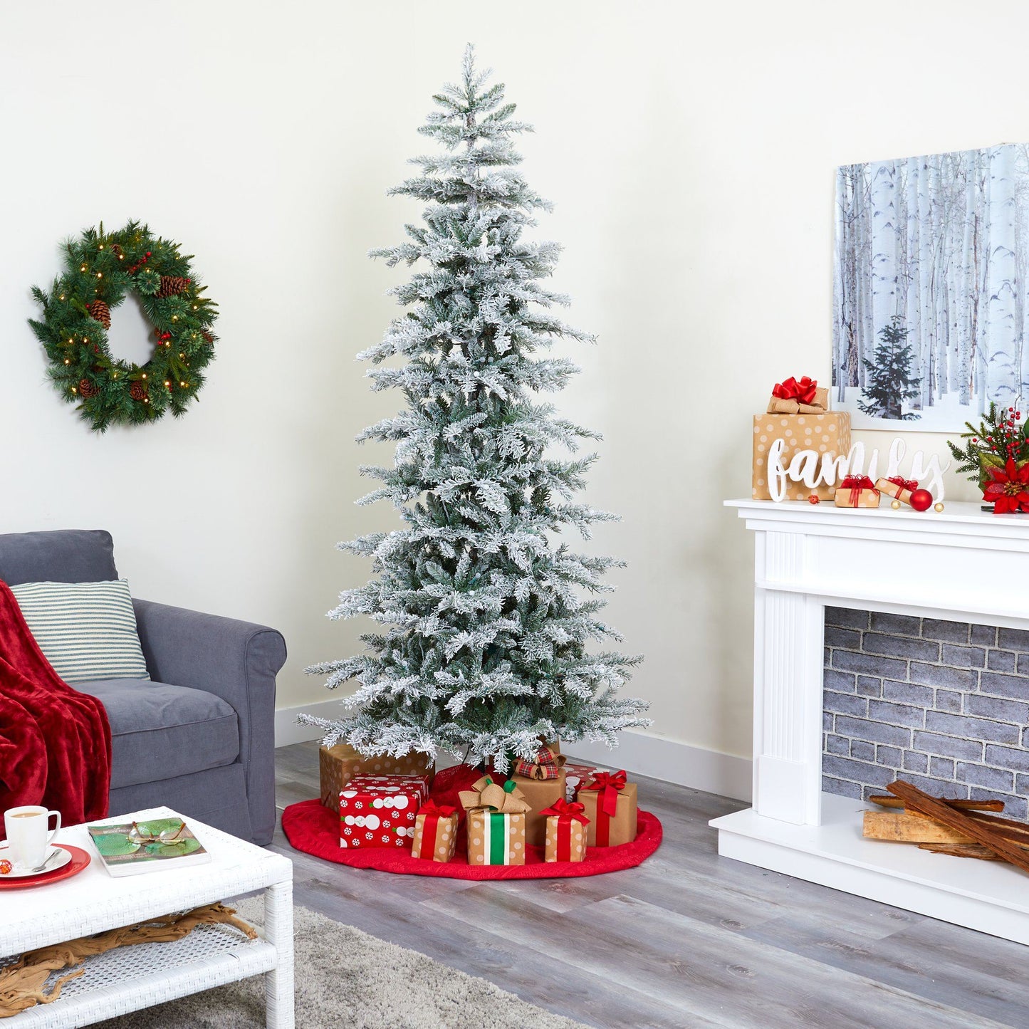 Slim Flocked Nova Scotia Spruce Christmas Tree by Nearly Natural with frosted branches on Tampa Home & Garden Store