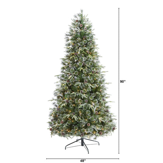 Snowed Tipped Clermont Pine 7.5 ft Christmas Tree by Nearly Natural with pine cones and lights on Tampa Home & Garden Store