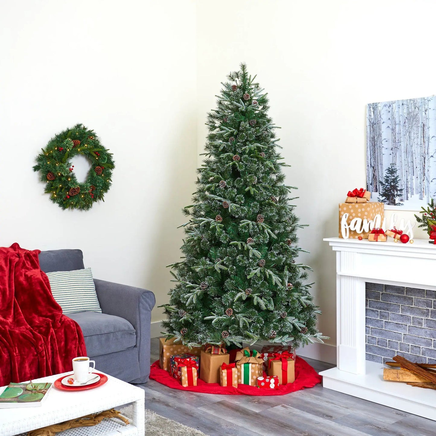 Snowed Tipped Clermont Pine 7.5 ft Christmas Tree with pinecones and snow-dusted greens on Tampa Home & Garden Store