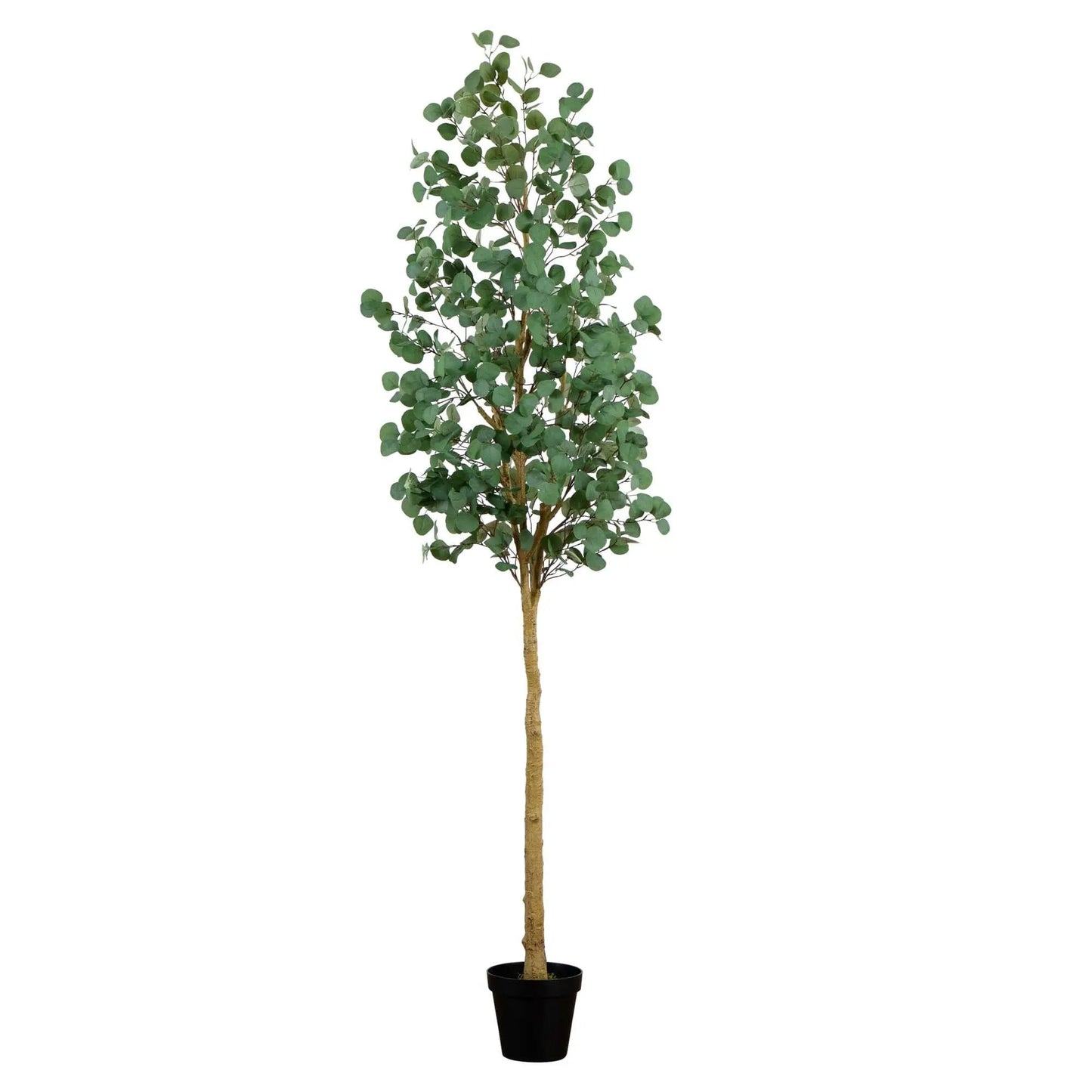 Eight Foot Lifelike Eucalyptus Tree by Nearly Natural in a black pot with round green leaves on Tampa Home & Garden Store