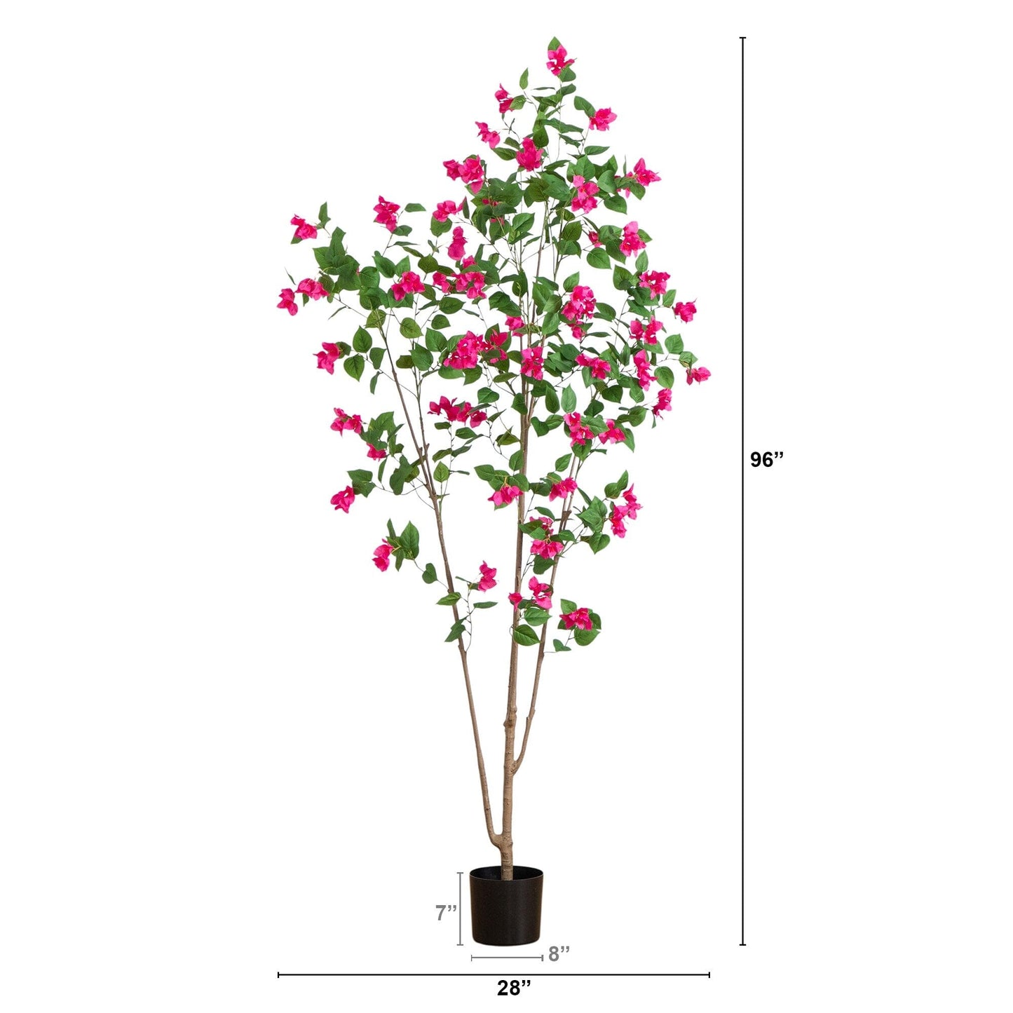 Artificial Minimalist Bougainvillea Tree with pink blooms and green leaves in a black pot on Tampa Home & Garden Store