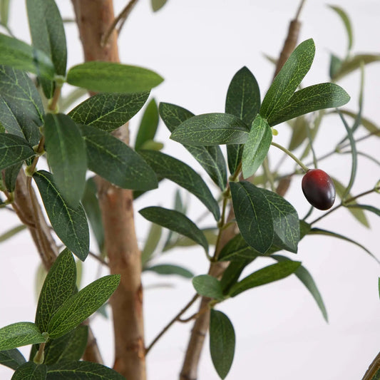 Artificial Olive Tree with Natural Trunk close-up of dark green leaves and olives on Tampa Home & Garden Store