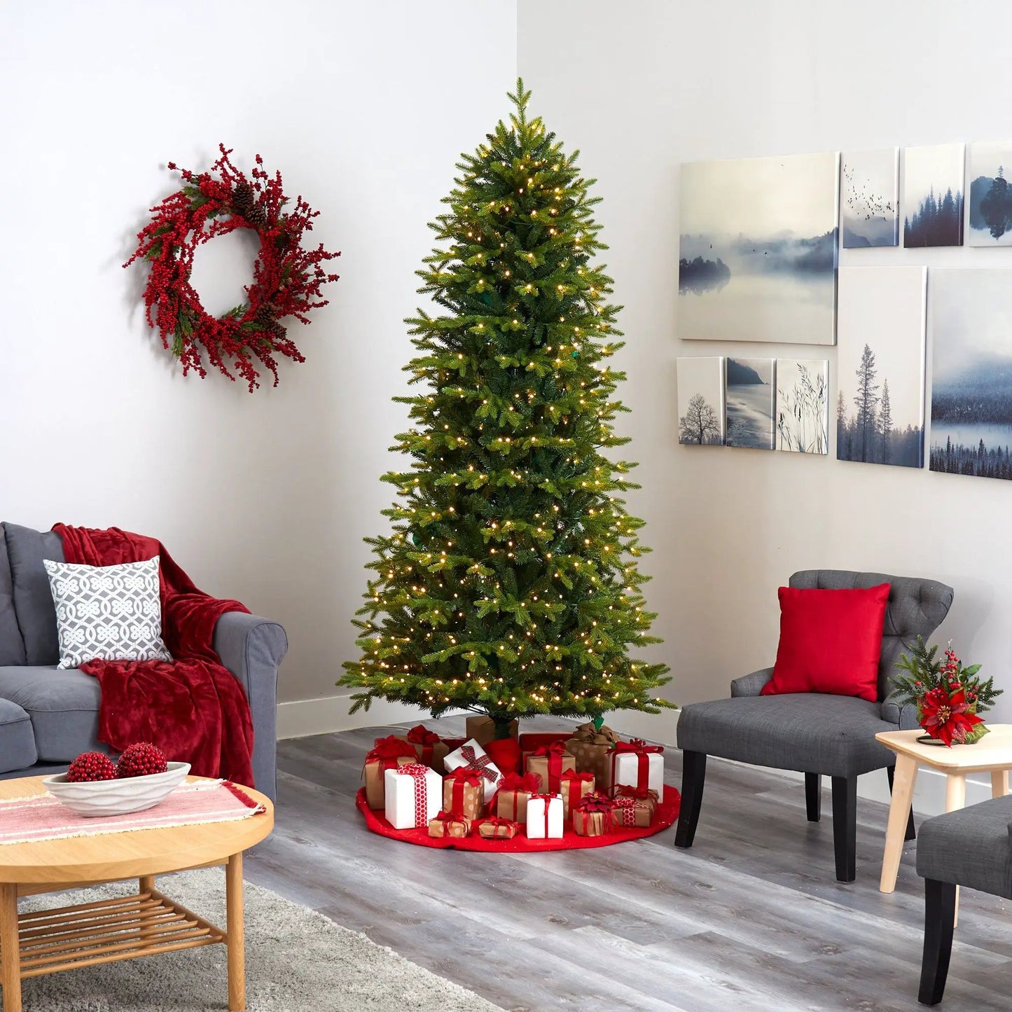 Belgium Fir Christmas Tree with warm white lights, 8 ft tall, gifts around skirt on Tampa Home & Garden Store
