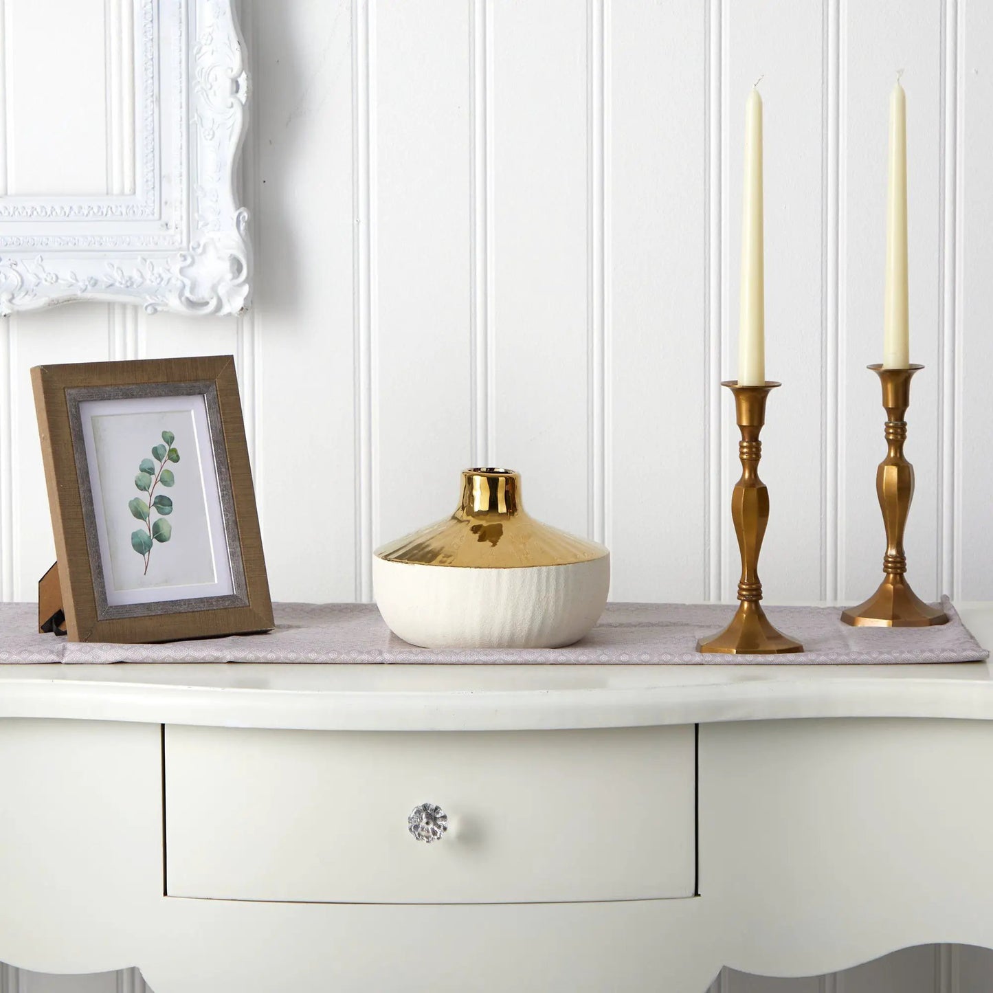 Ceramic 8-inch white vase with gold accents, decorative centerpiece by Nearly Natural on Tampa Home & Garden Store