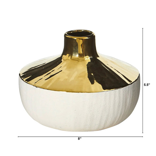 Elegant 8-inch ceramic vase with gold accents in white with black brush-stroke pattern on Tampa Home & Garden Store