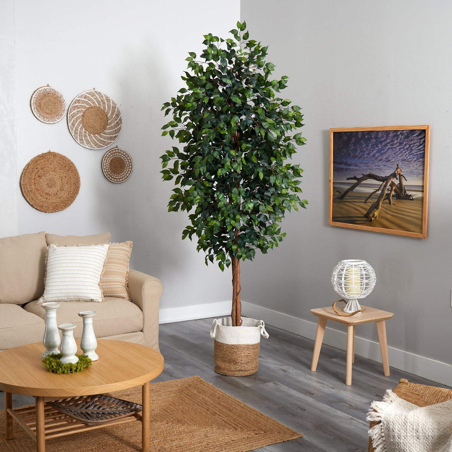 Nearly Natural ficus artificial tree in handmade natural jute planter, 8 ft tall on Tampa Home & Garden Store