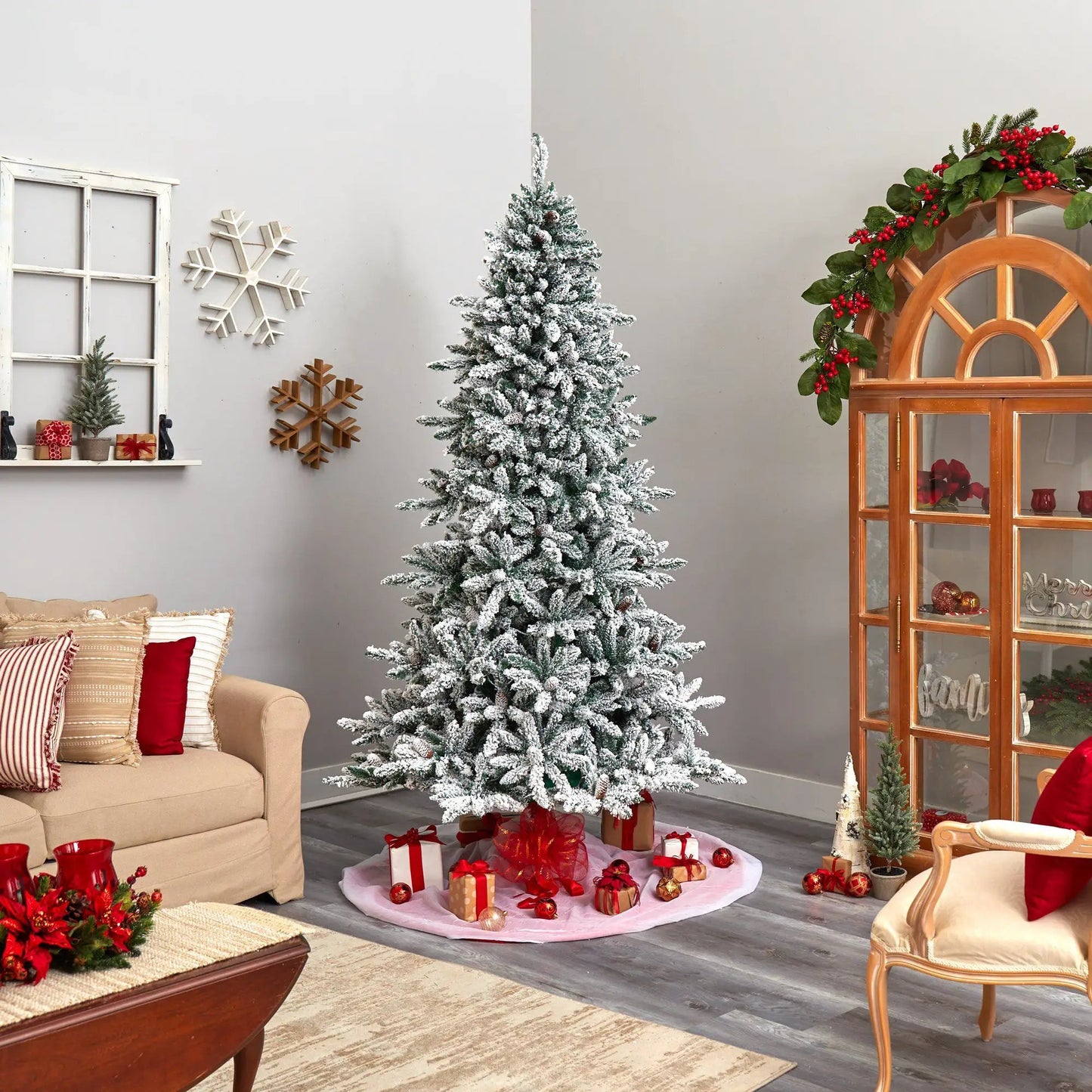 Flocked Livingston Fir Christmas Tree with LED Lights, 8 ft Nearly Natural artificial tree on Tampa Home & Garden Store