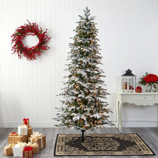 8 ft flocked North Carolina Fir Christmas Tree with warm white lights by Nearly Natural on Tampa Home & Garden Store
