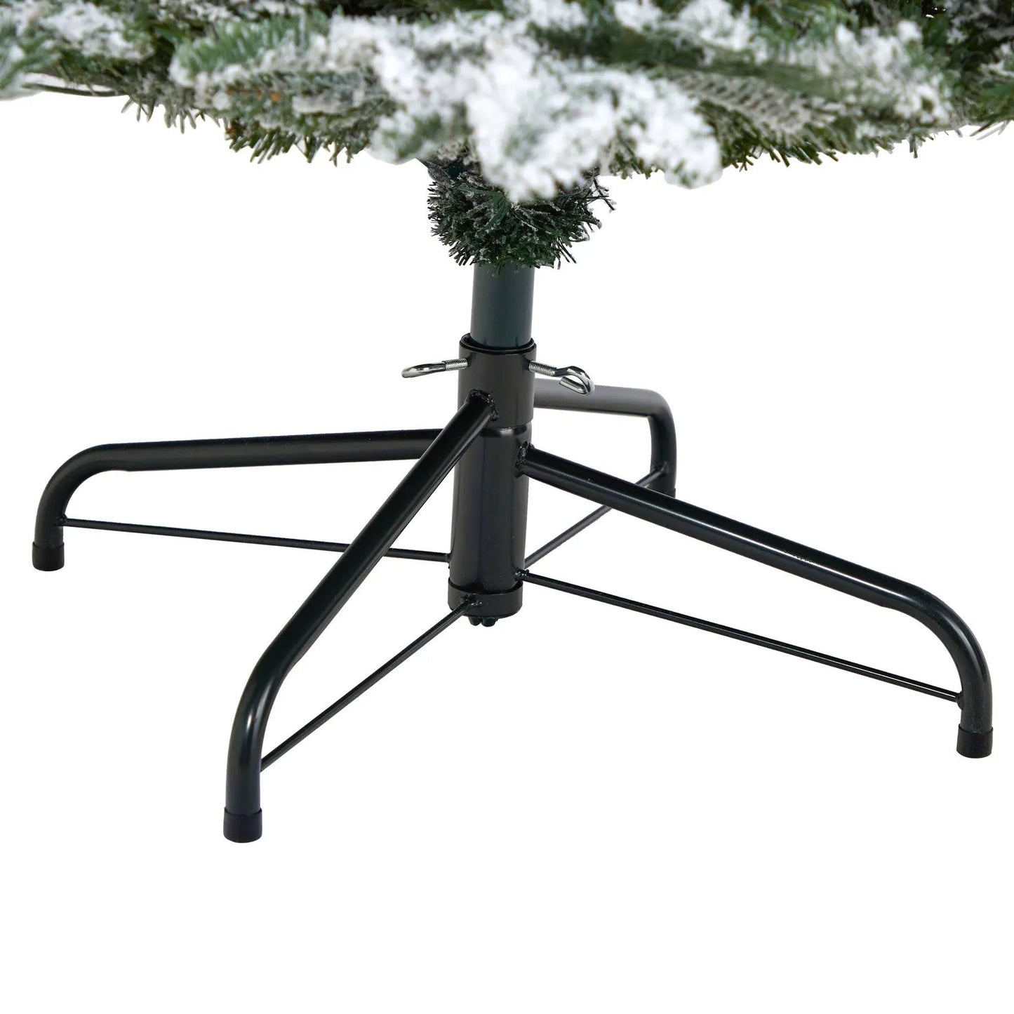 8 ft flocked North Carolina Fir Christmas Tree on black metal stand on Tampa Home & Garden Store