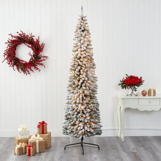 Nearly Natural 8 ft flocked pencil Christmas tree with lights on Tampa Home & Garden Store