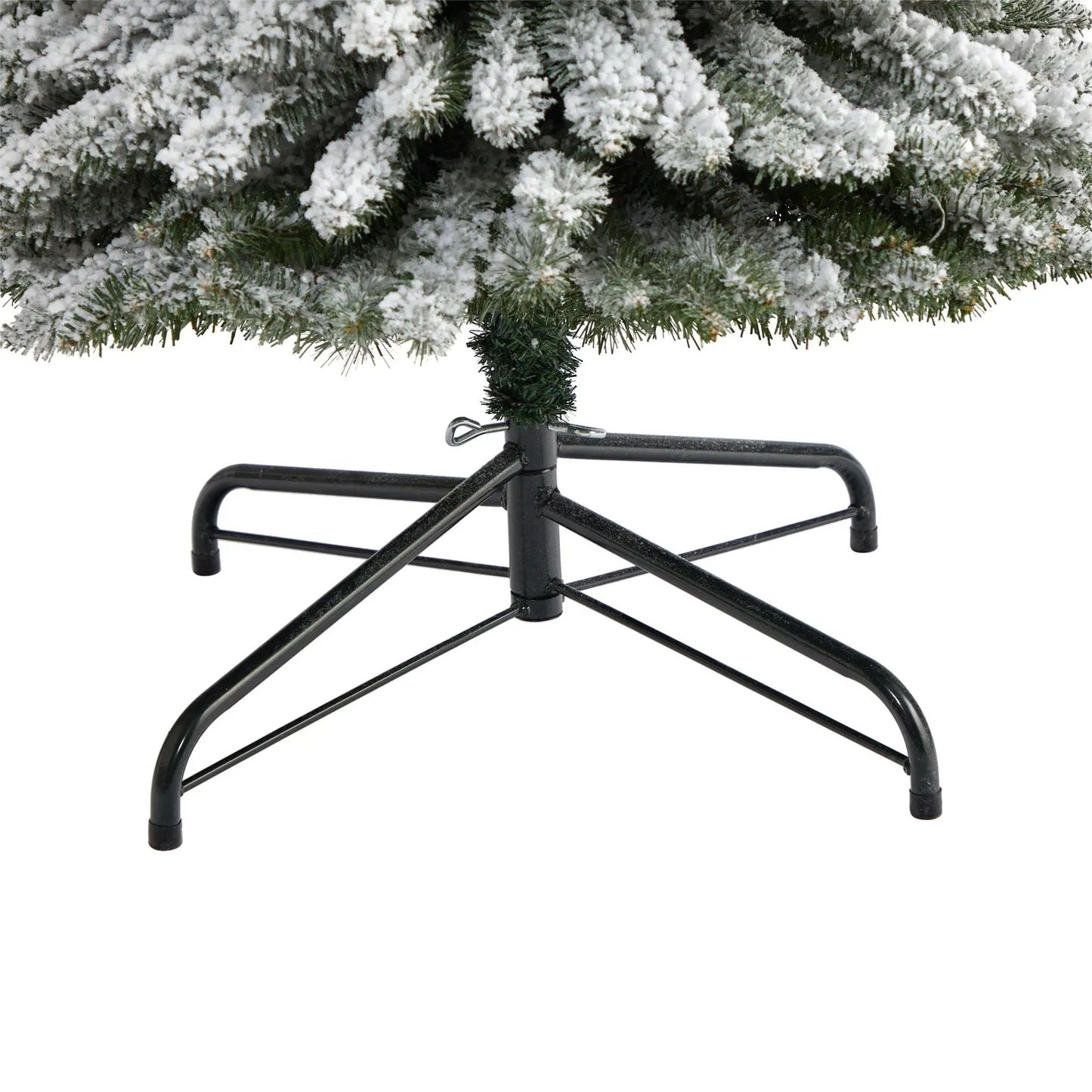 8 ft flocked pencil Christmas tree with lights on black metal stand on Tampa Home & Garden Store