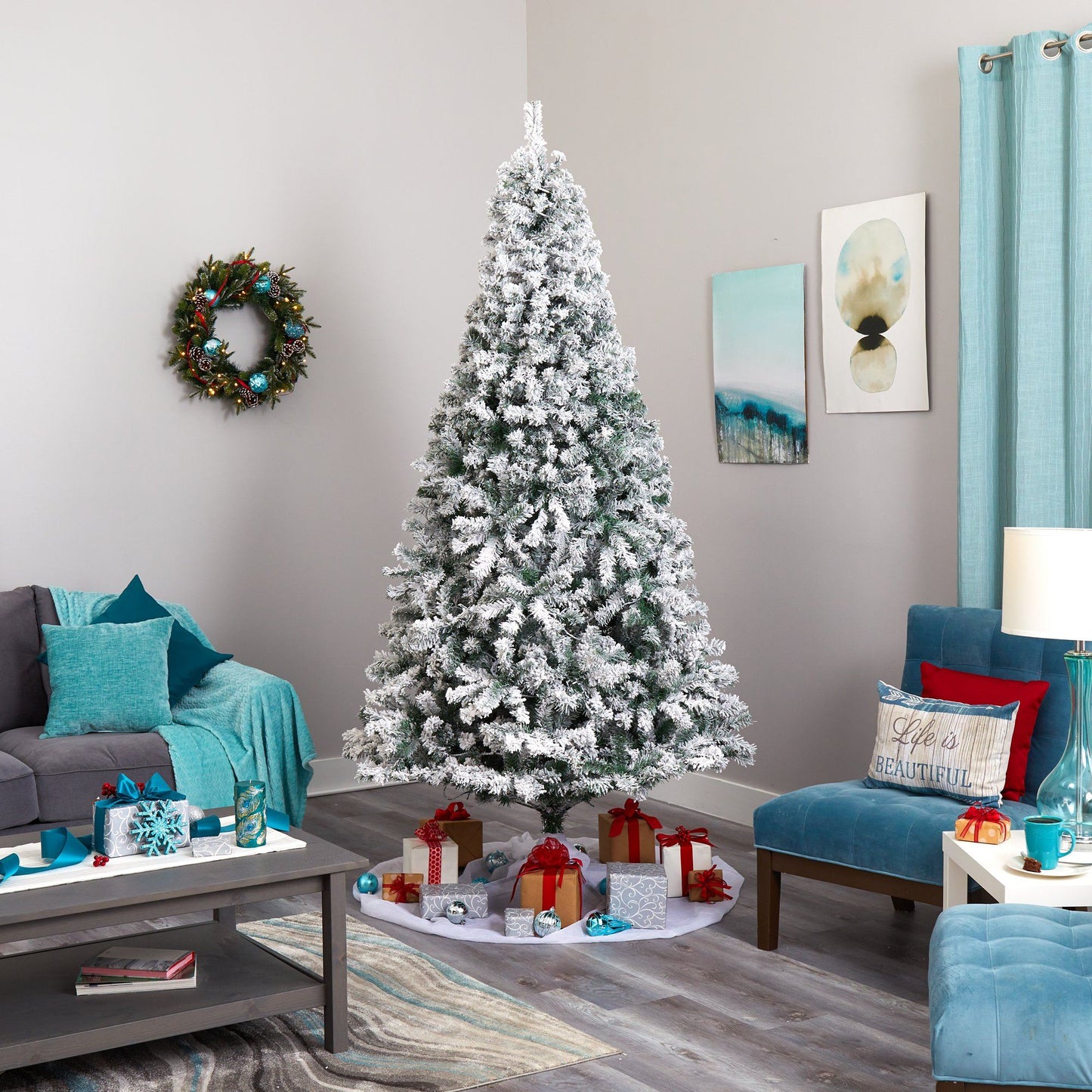 8' Flocked Rock Springs Spruce artificial Christmas tree by Nearly Natural with 500 LED lights on Tampa Home & Garden Store