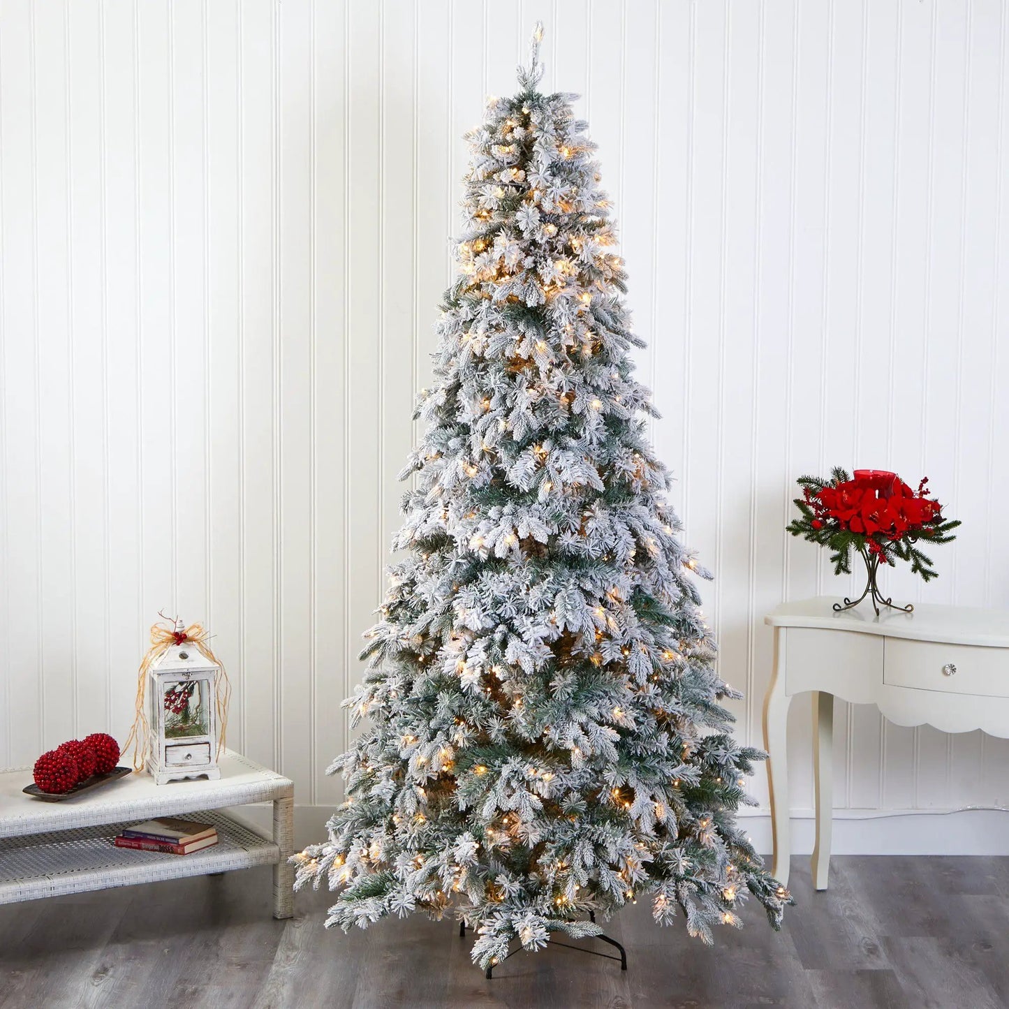 Vermont Pine Christmas Tree by Nearly Natural, flocked white with 600 LED lights on Tampa Home & Garden Store
