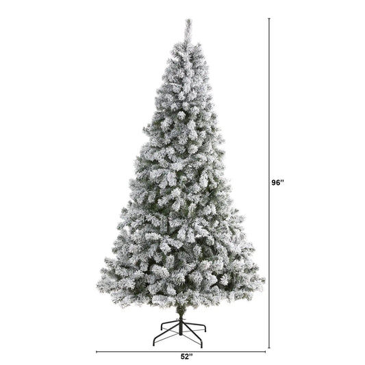 8 ft Nearly Natural flocked West Virginia fir Christmas tree with snow-dusted branches on stand on Tampa Home & Garden Store