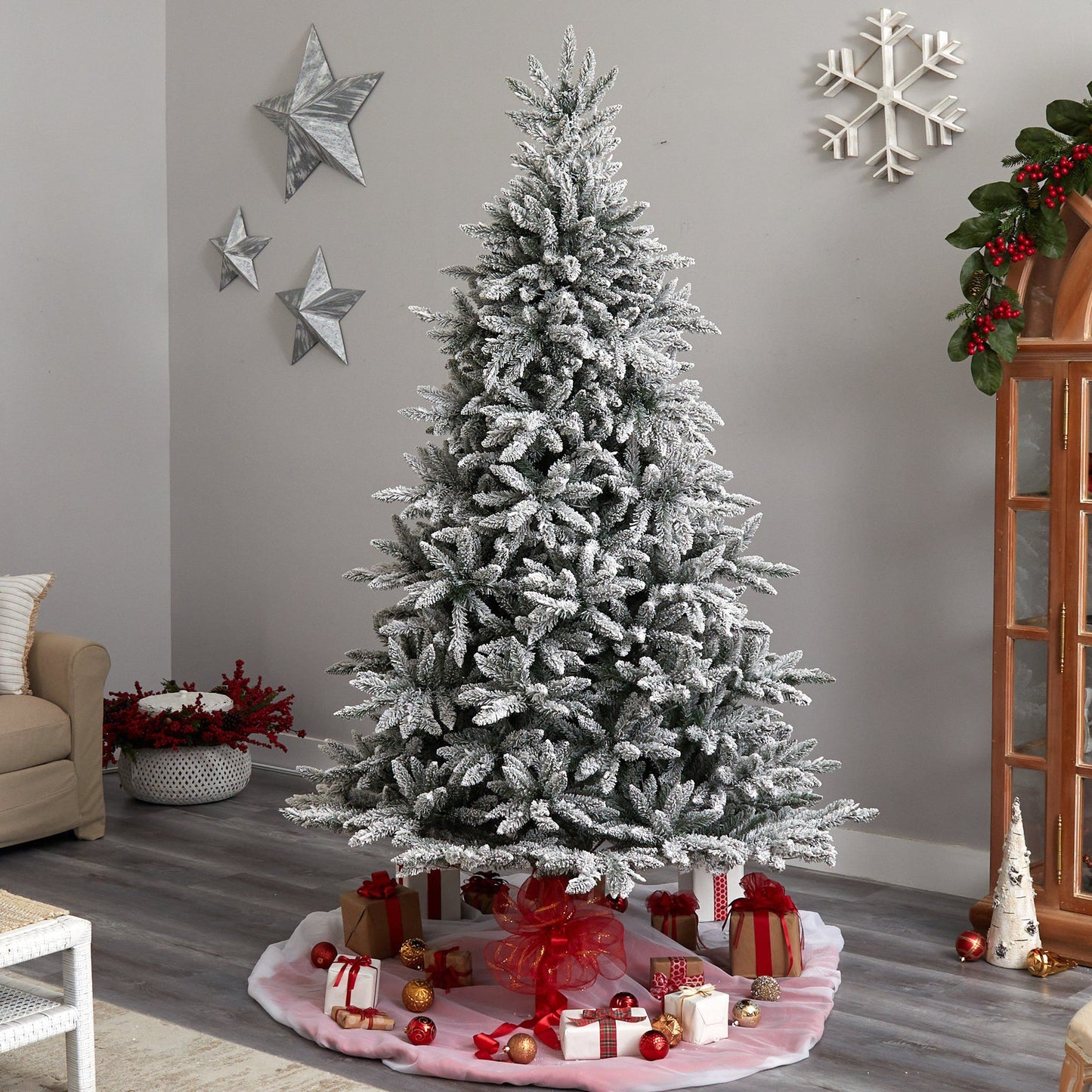 Flocked West Virginia Spruce Christmas Tree faux evergreen with snow-dusted branches and gifts on Tampa Home & Garden Store