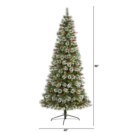 8 ft Frosted Swiss Pine Christmas Tree with warm white LEDs and red berries on a metal stand on Tampa Home & Garden Store