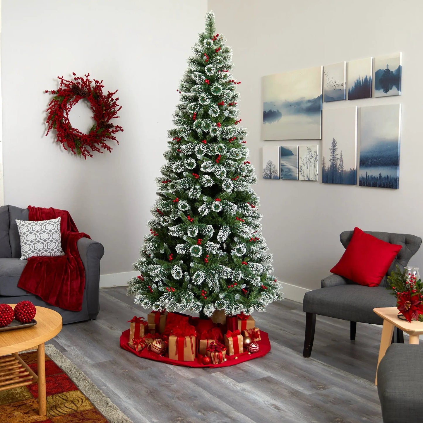 8 ft Frosted Swiss Pine Christmas Tree with LEDs by Nearly Natural, frosted tips and red berries on Tampa Home & Garden Store