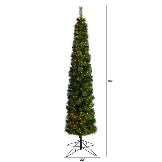 Green pencil slim artificial Christmas tree, 8 ft tall, with 200 warm white LED lights on Tampa Home & Garden Store