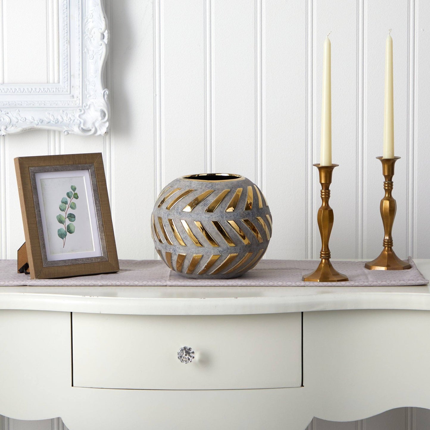 Regal Oval Stone Vase with Gold Accents, gray stone vase with diagonal gold stripes on mantle on Tampa Home & Garden Store