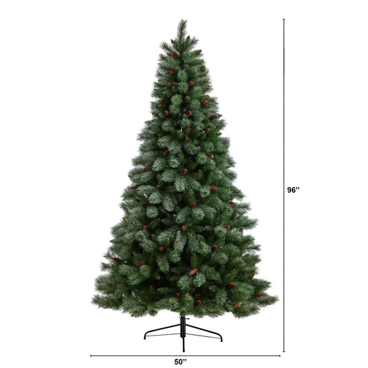 Snowed French Alps Pine Christmas Tree with Cones by Nearly Natural, 8 ft artificial green tree on Tampa Home & Garden Store