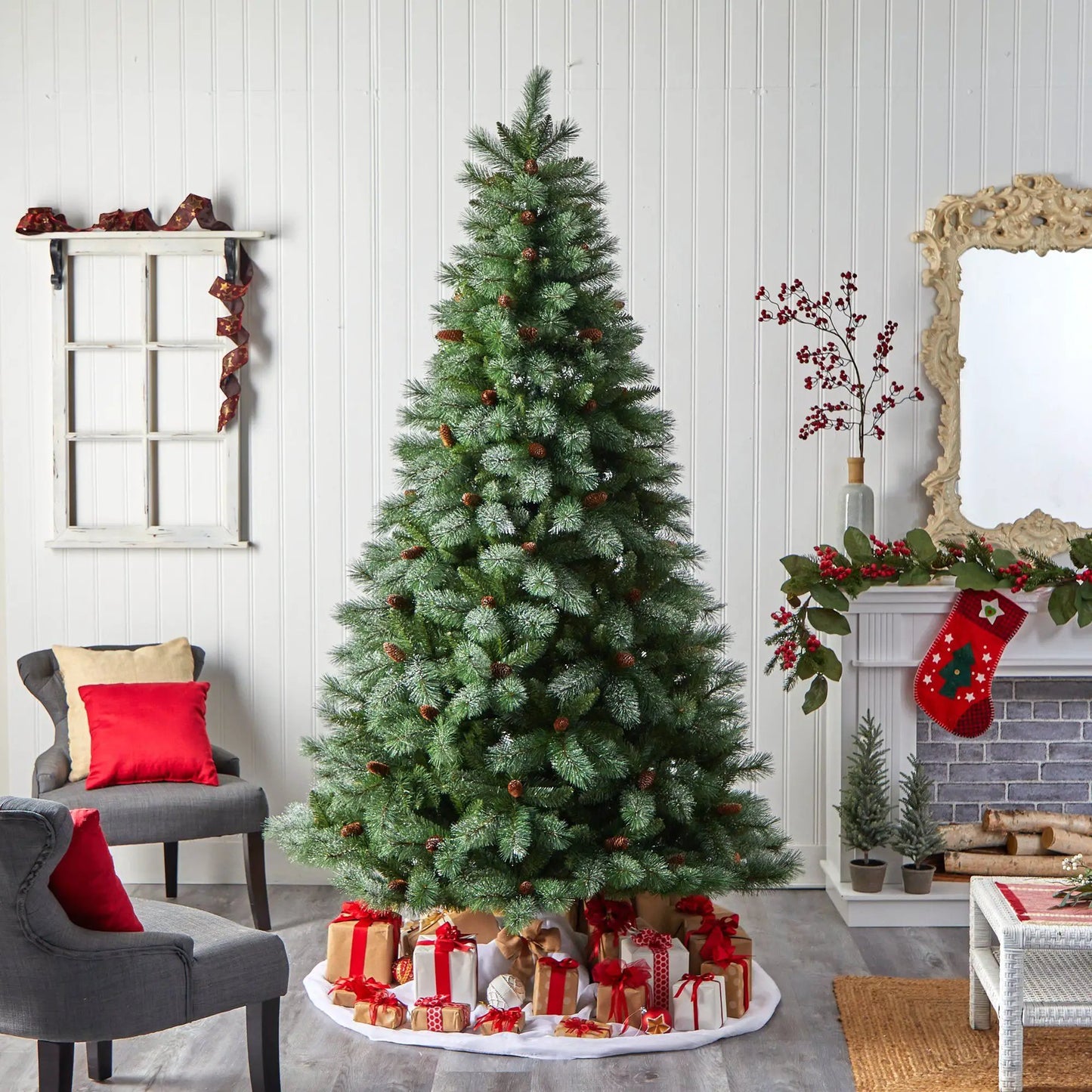 Artificial Christmas Tree Snowed French Alps Pine with Cones, 8 ft tall, green branches on Tampa Home & Garden Store