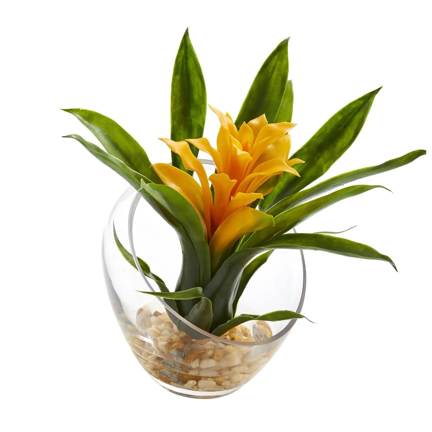 8 Inch Tropical Bromeliad artificial plant in angled vase with orange bloom by Nearly Natural on Tampa Home & Garden Store