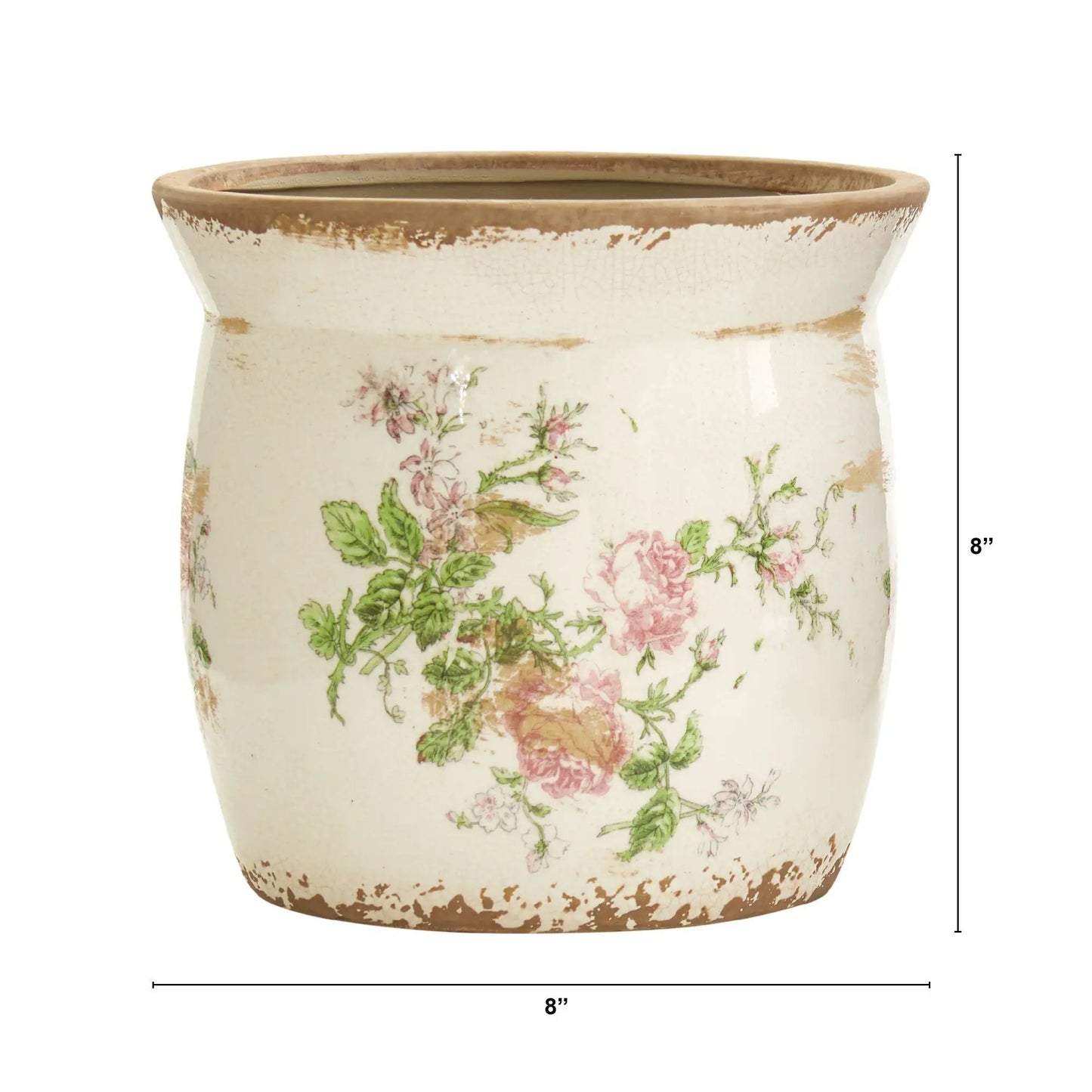 8-inch Tuscan ceramic planter with cream base and pink floral print Nearly Natural on Tampa Home & Garden Store