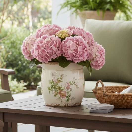 8 Inch Tuscan ceramic floral print planter with pink hydrangea arrangement on Tampa Home & Garden Store