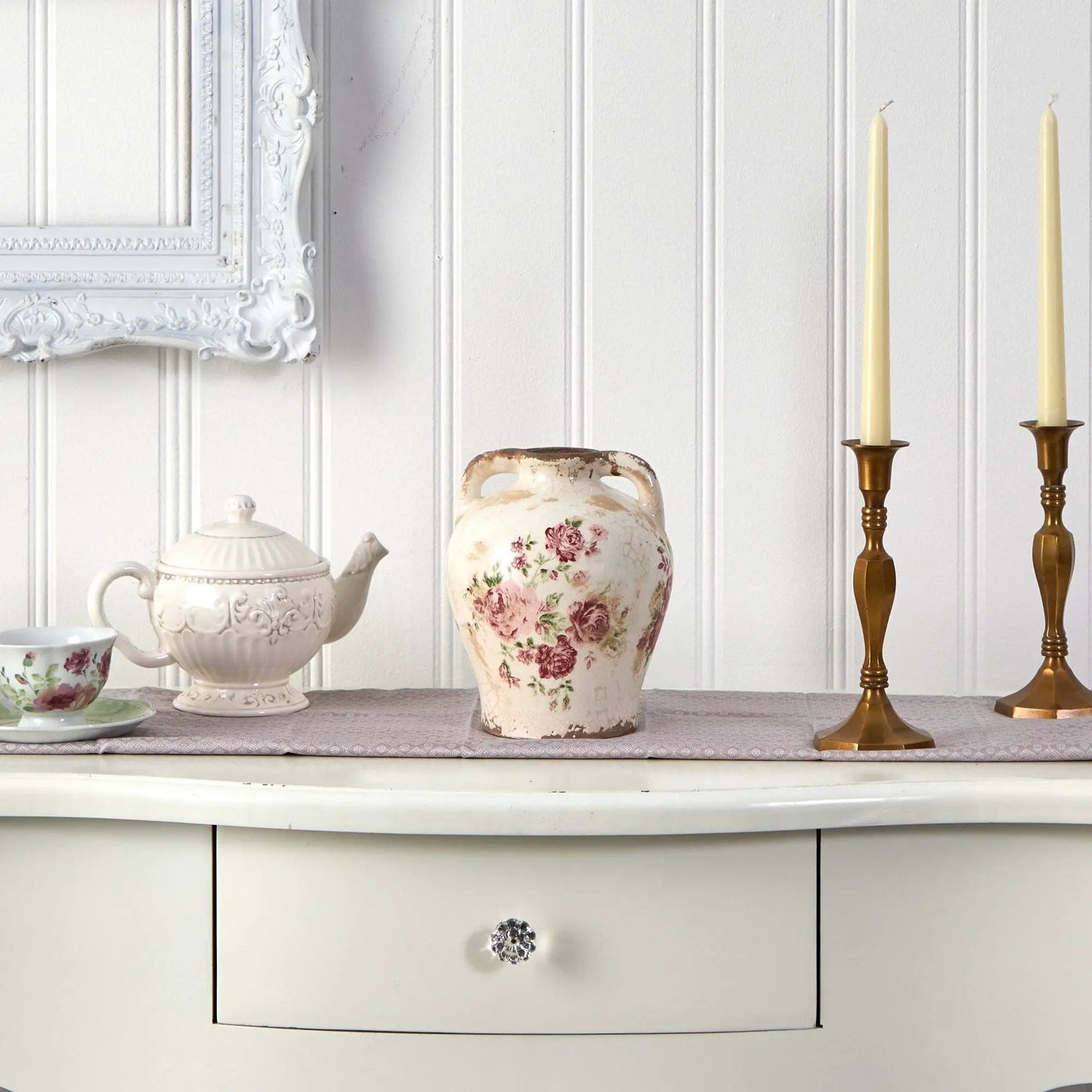 Eight Inch Tuscan Ceramic Floral Print Vase by Nearly Natural, with pink roses on white shelf on Tampa Home & Garden Store