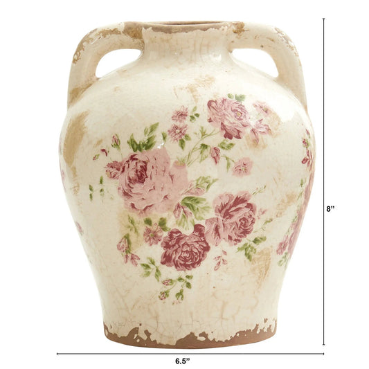 Eight Inch Tuscan Ceramic Floral Print Vase with pink roses and crackled cream glaze on Tampa Home & Garden Store
