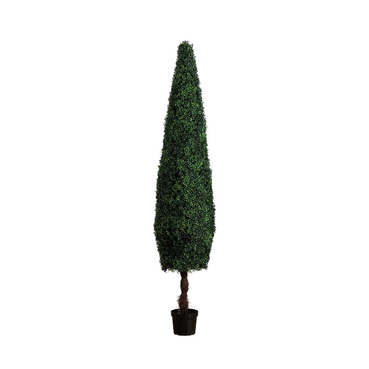 8 ft UV resistant boxwood topiary cone tree by Nearly Natural in a black pot on Tampa Home & Garden Store