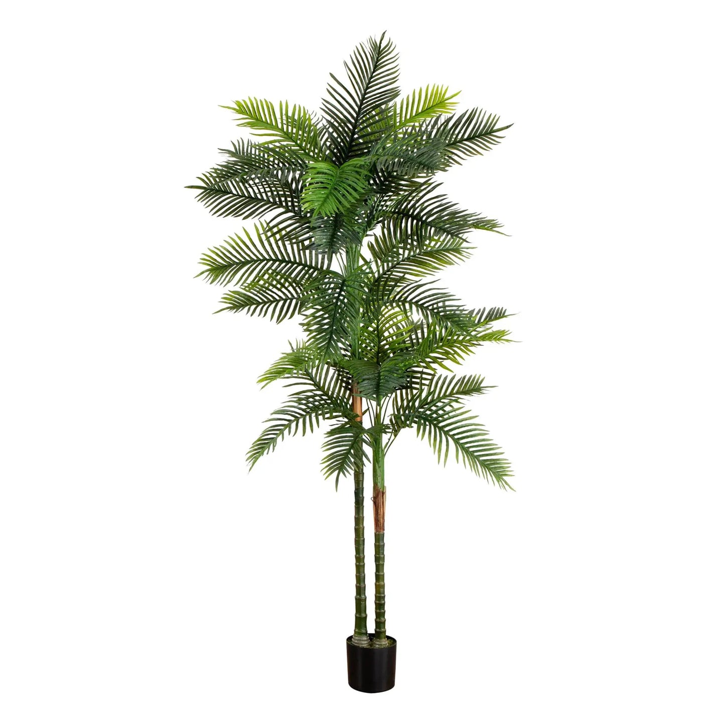 8 ft UV-resistant double Robellini palm tree, Nearly Natural, in a black planter on Tampa Home & Garden Store