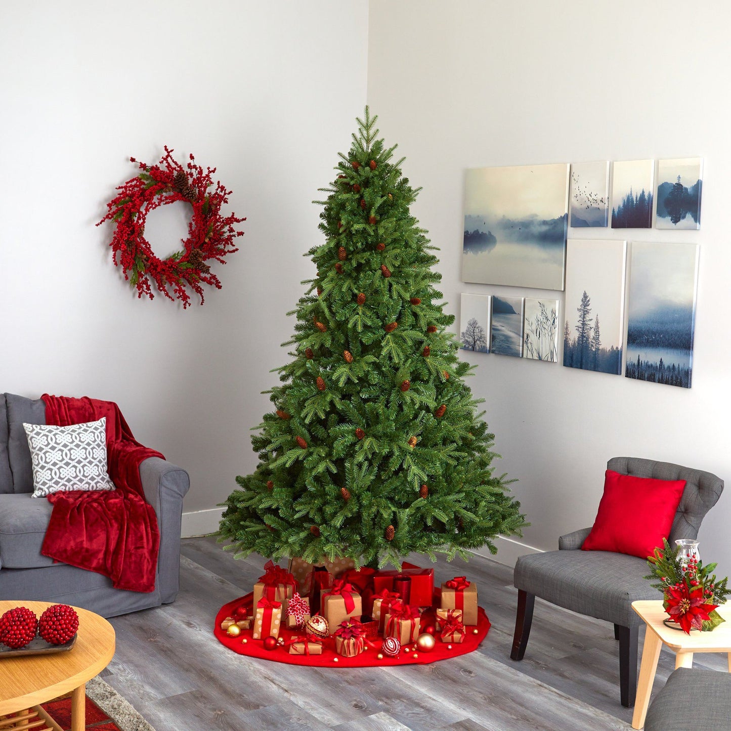 8’ Wellington Spruce Christmas tree with 550 LED lights and pine cones by Nearly Natural on Tampa Home & Garden Store