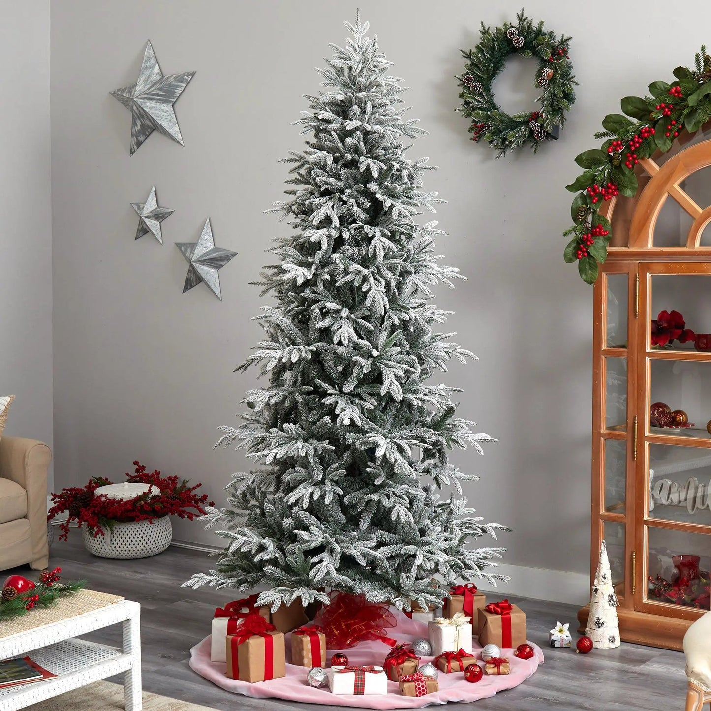 Nearly Natural 8.5 ft flocked Manchester Spruce Christmas tree with lights, snowy tips on Tampa Home & Garden Store