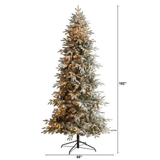 8.5 ft Nearly Natural flocked Manchester Spruce Christmas Tree with lights on Tampa Home & Garden Store